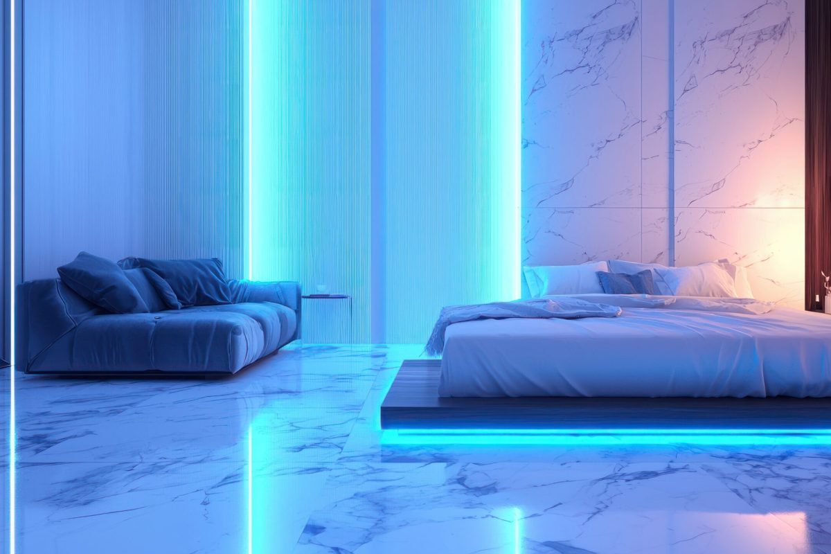 Minimalistic apartment bedroom with glossy marble floors, dark wood accents, a plush sofa, and soft blue neon lighting emanating from a sleek bedside lamp